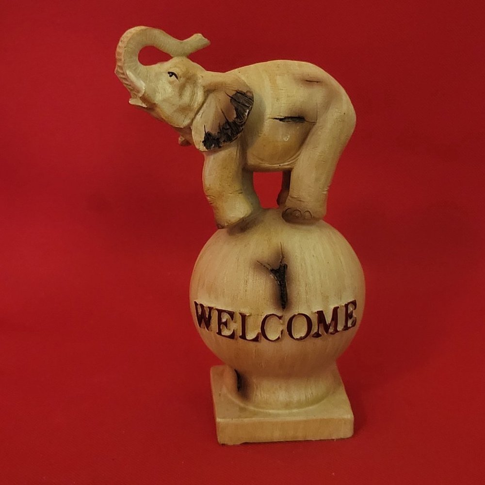 VTG Wooden Welcome Elephant  Raised Trunk Standing on a Ball Figurine Home Decor